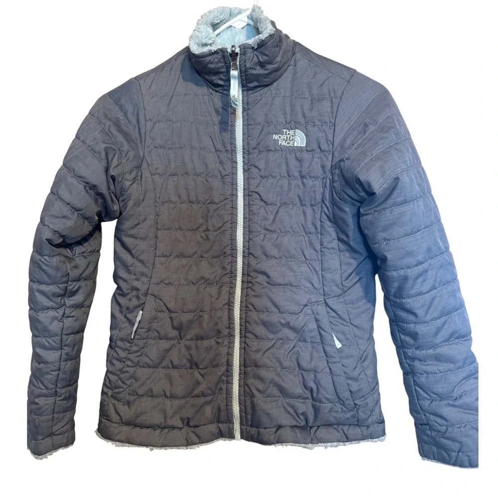 The North Face Girl Med 10/12 Reversible Mossbud Swirl Puffer Coat ice blue gray